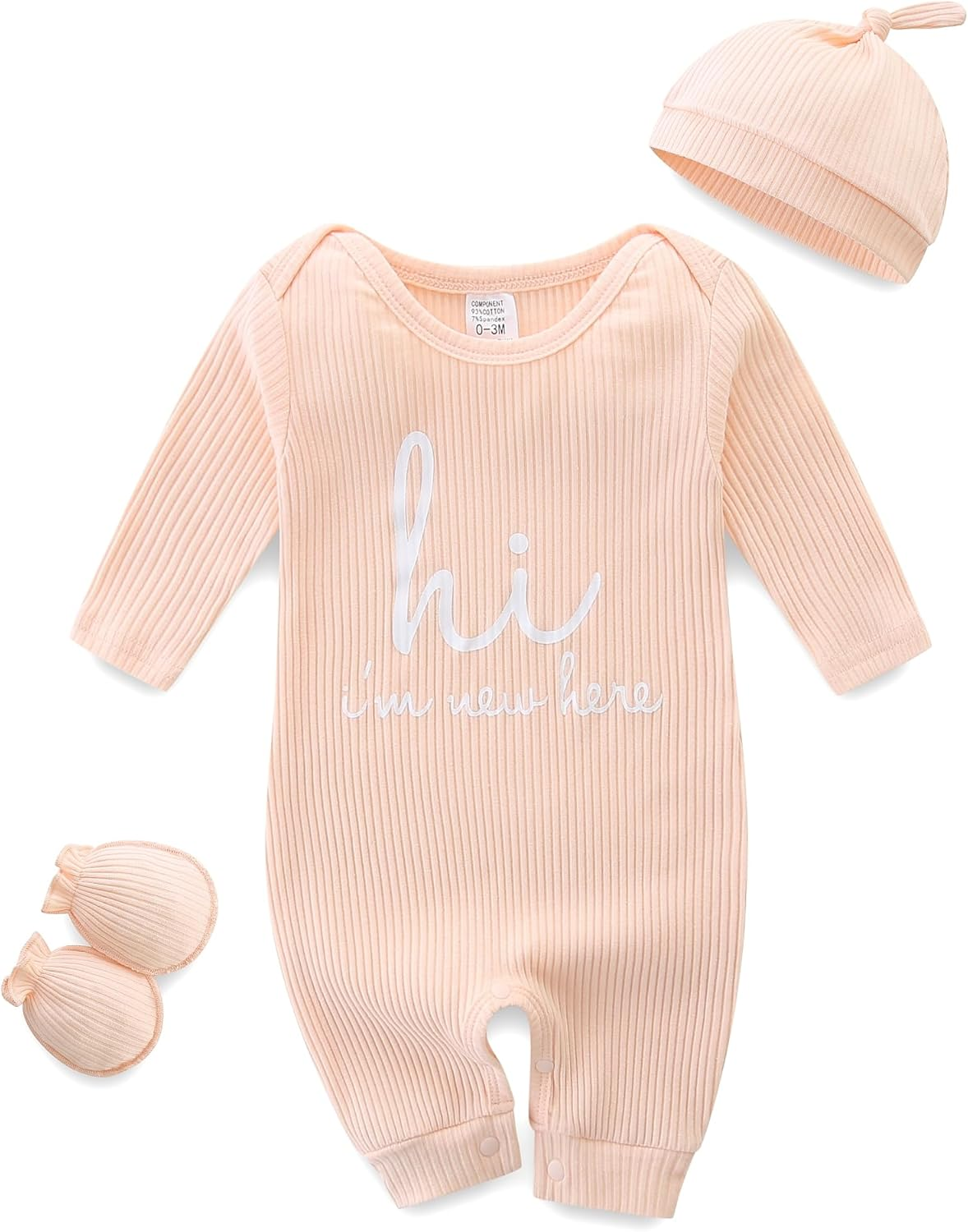 baby romper with baby mittens & newborn hats footless long sleeve solid onesie hi im new here baby romper with baby mittens & newborn hats footless long sleeve solid onesie hi im new here