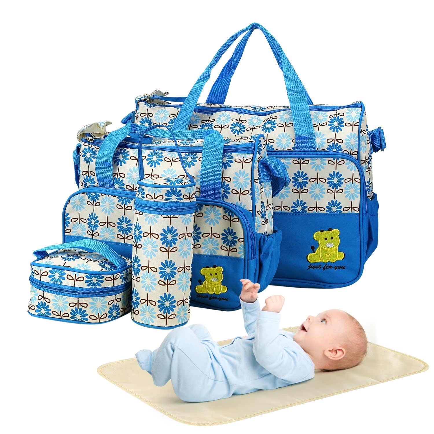 5Piece Baby Diaper Bag with Changing Pad, Multi-Function Travel Tote Backpack, Waterproof, Blue 5piece baby diaper bag with changing pad, multi function travel tote backpack, waterproof, blue