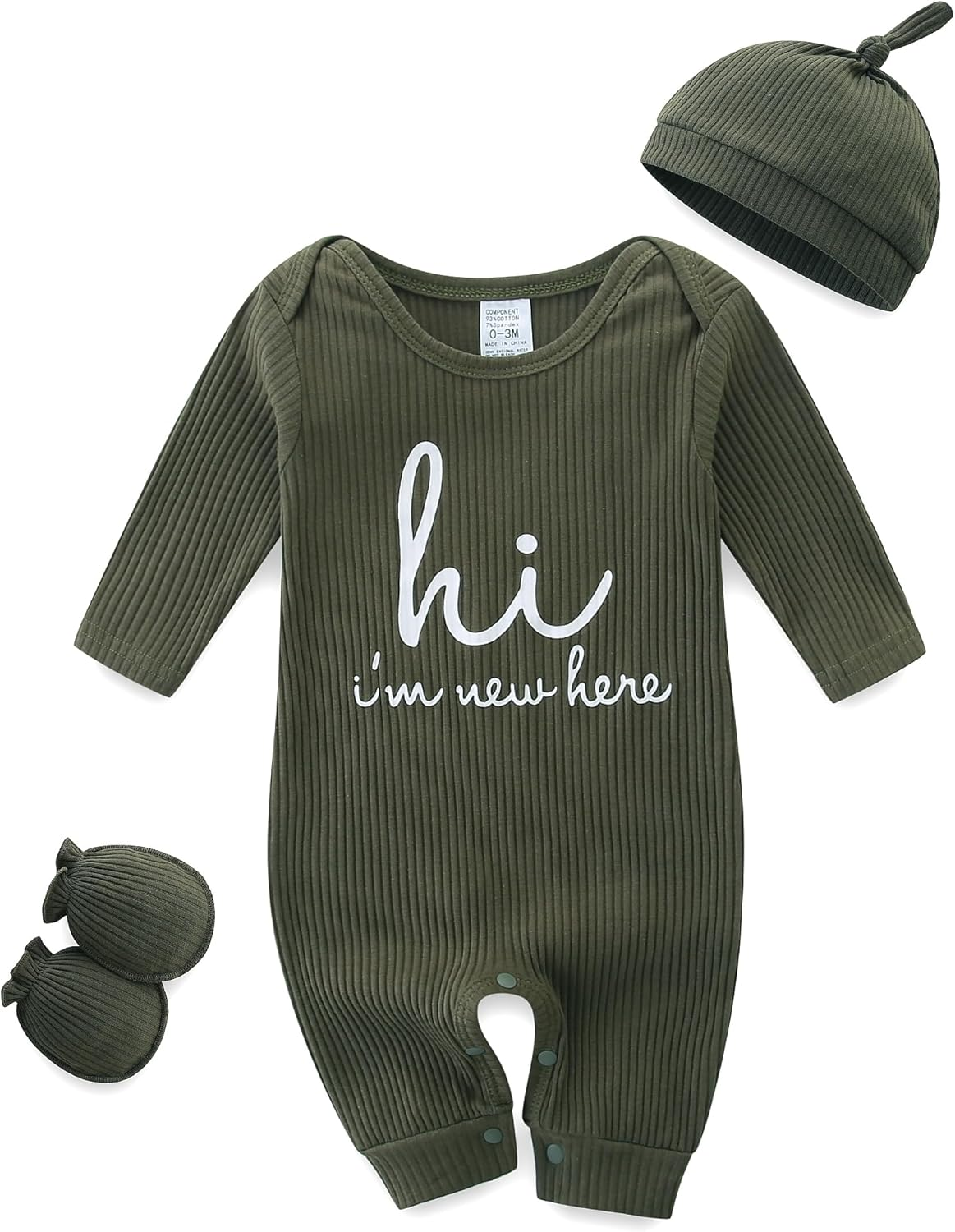 baby romper with baby mittens & newborn hats footless long sleeve solid onesie hi im new here baby romper with baby mittens & newborn hats footless long sleeve solid onesie hi im new here