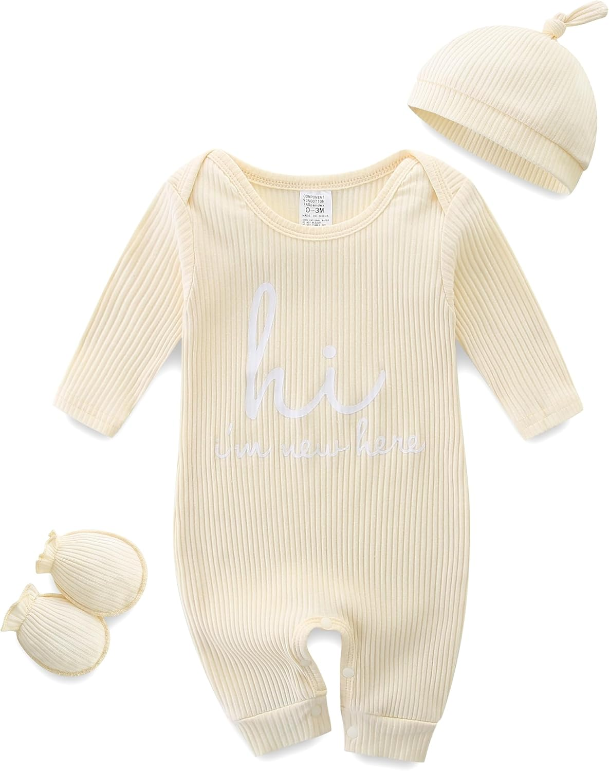 baby romper with baby mittens & newborn hats footless long sleeve solid onesie hi im new here baby romper with baby mittens & newborn hats footless long sleeve solid onesie hi im new here