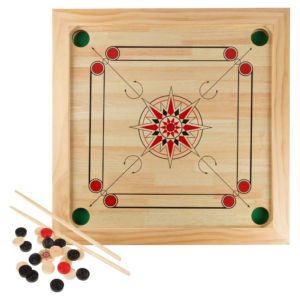 rockin’ rollers carrom board game with coins and strikers, wooden board game set for adults and kids 26" square