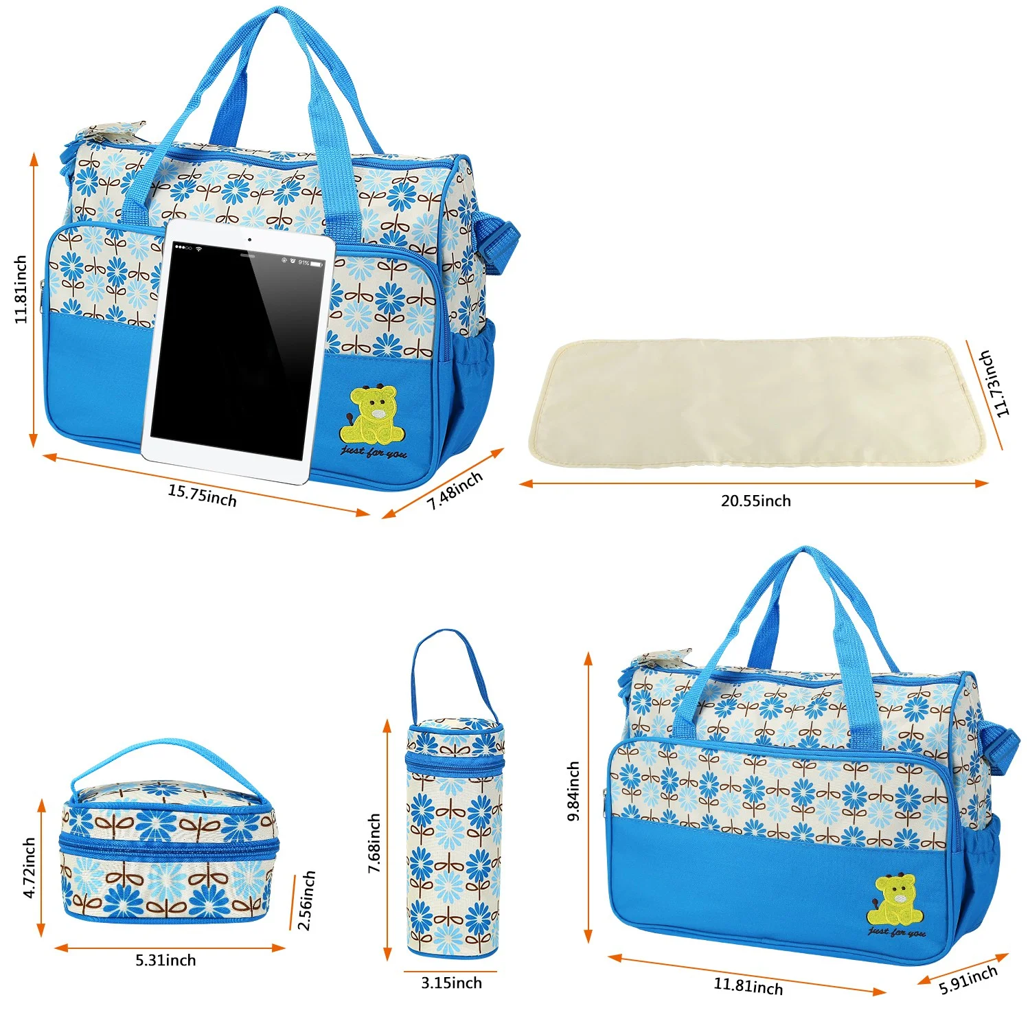 5piece baby diaper bag with changing pad, multi function travel tote backpack, waterproof, blue 5piece baby diaper bag with changing pad, multi function travel tote backpack, waterproof, blue