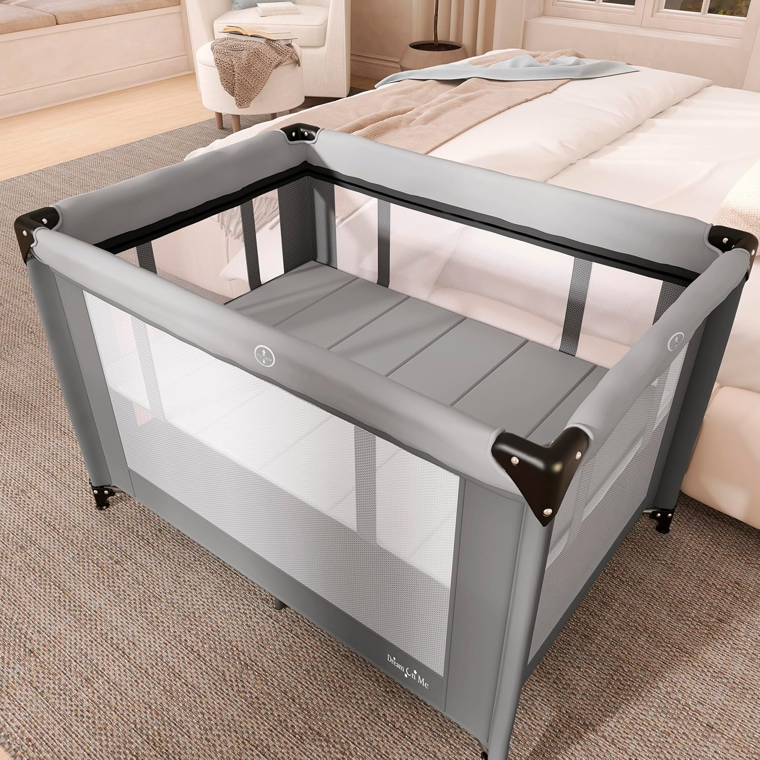 Zazzy Portable with Bassinet, 360° Mesh Visibility, Quick Folding Travel Friendly Design, Carry Bag and Foldable Mattress Pad Included, Compact and Lightweight, Gray