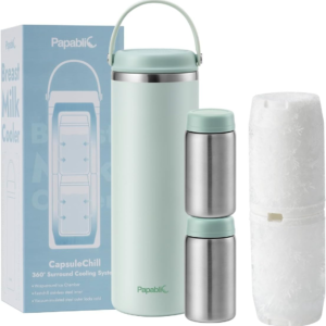 innovative 360° capsulechill breastmilk cooler for 36h safe storage, 20oz stress free portable breast milk chiller with 2pcs stainless steel baby bottles for work & travel, mint green