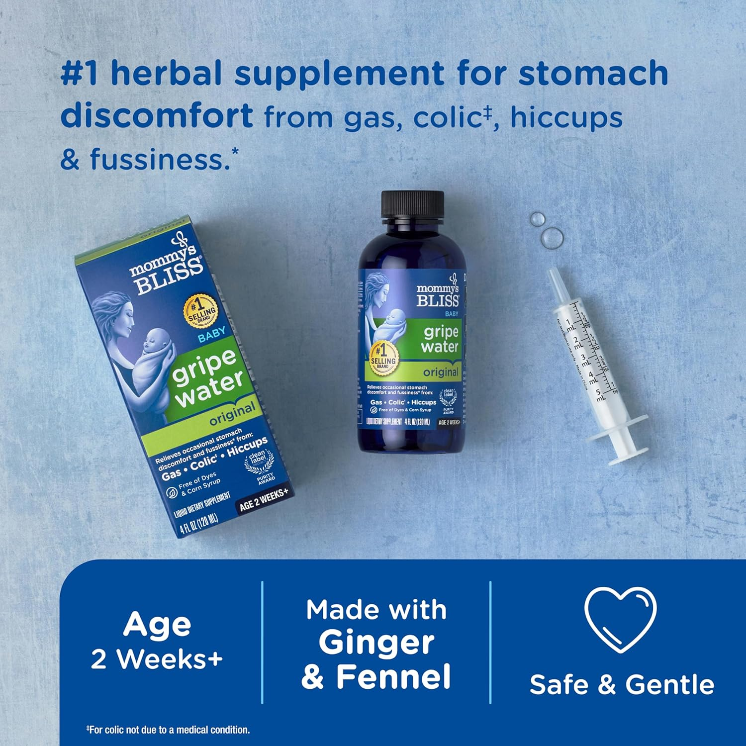 Gripe Water Original, Infant Gas & Colic Relief, Gentle & Safe, 2 Weeks+, 4 Fl Oz (Pack of 1)