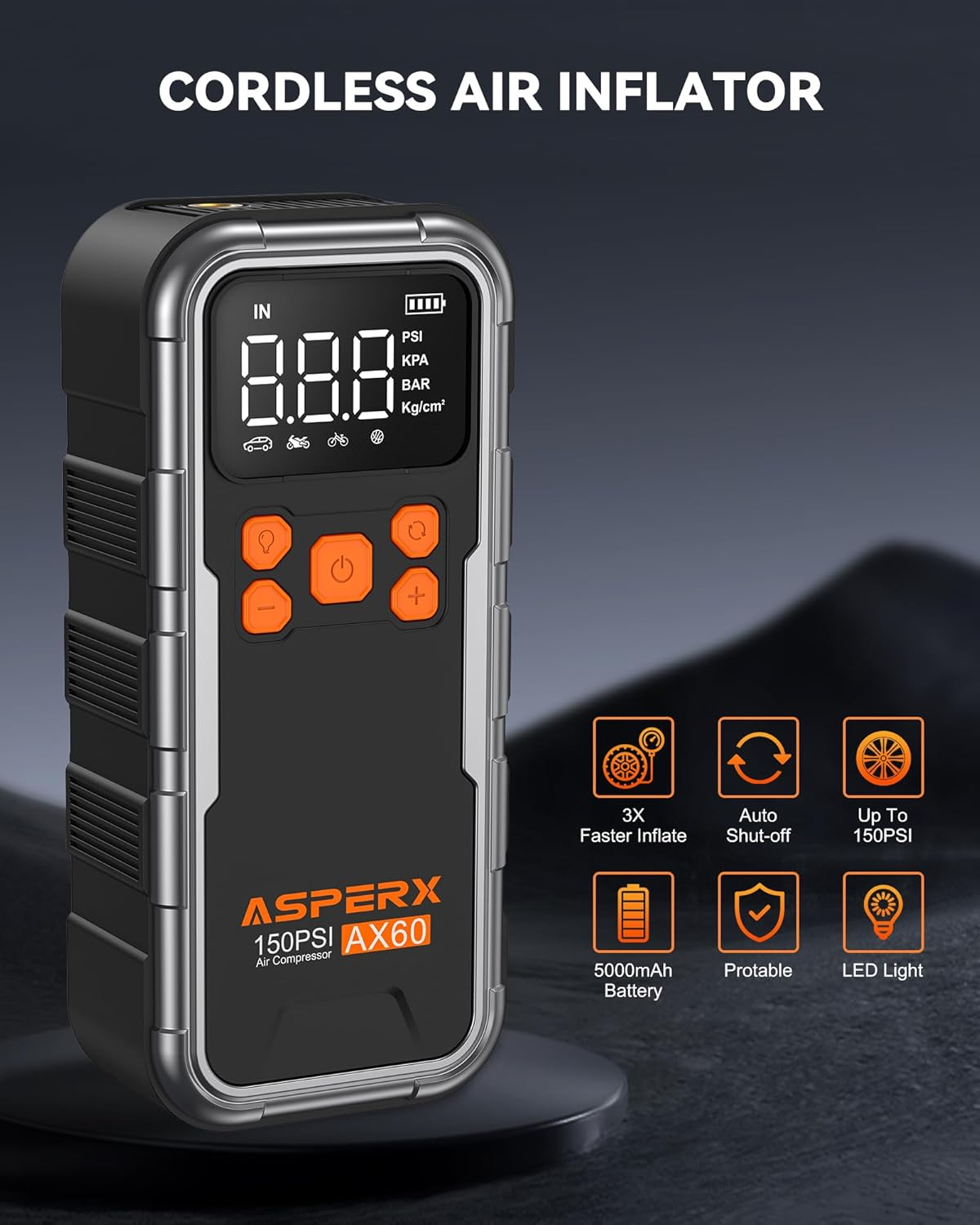 Shubal Store Tire Inflator Portable Air Compressor, 150PSI Cordless Air Pump for Car Tires, 3X Faster Air Inflator Tire Pump with Digital Pressure Gauge and Emergency LED Light for Motorcycle Bike Ball Car