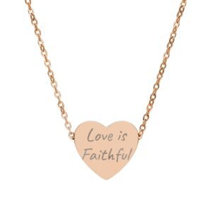 engraved heart necklace — "love is faithful" personalized pendant (gold/rose gold)