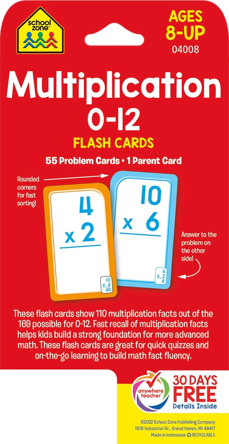 school zone multiplication 0 12 flash cards: 56 math cards, 3rd grade, 4th grade, elementary math, multiplication facts, common core, ages 8+, packaging may vary