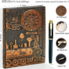 vintage 3d embossed leather writing journal with diamond pen set, a5 size, 200 pages, antique handmade daily notepad sketchbook, travel diary and notebook for men and women (train redbronze)