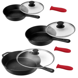 pre seasoned 9 piece cast iron skillet with lids