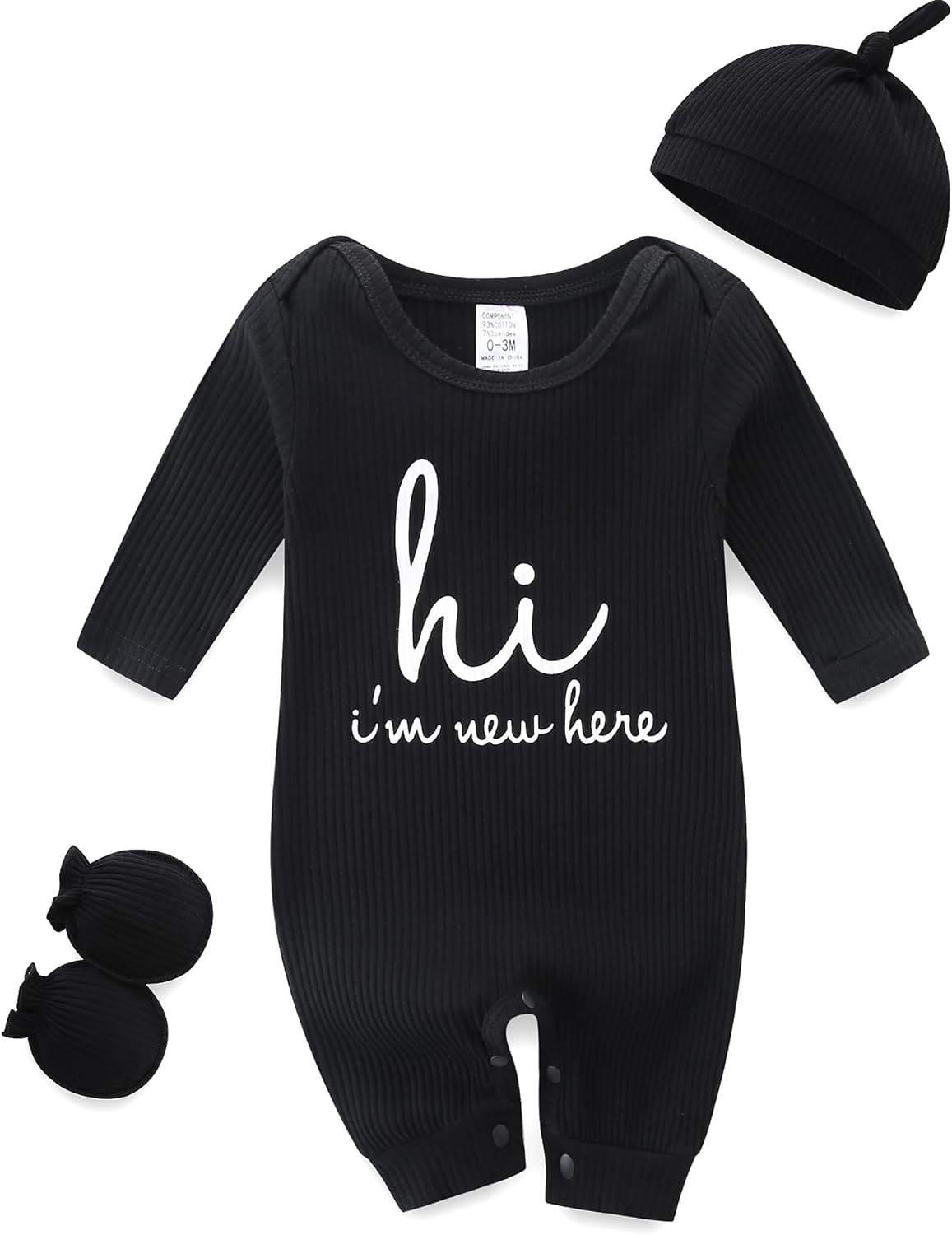 baby romper with baby mittens & newborn hats footless long sleeve solid onesie hi im new here baby romper with baby mittens & newborn hats footless long sleeve solid onesie hi im new here