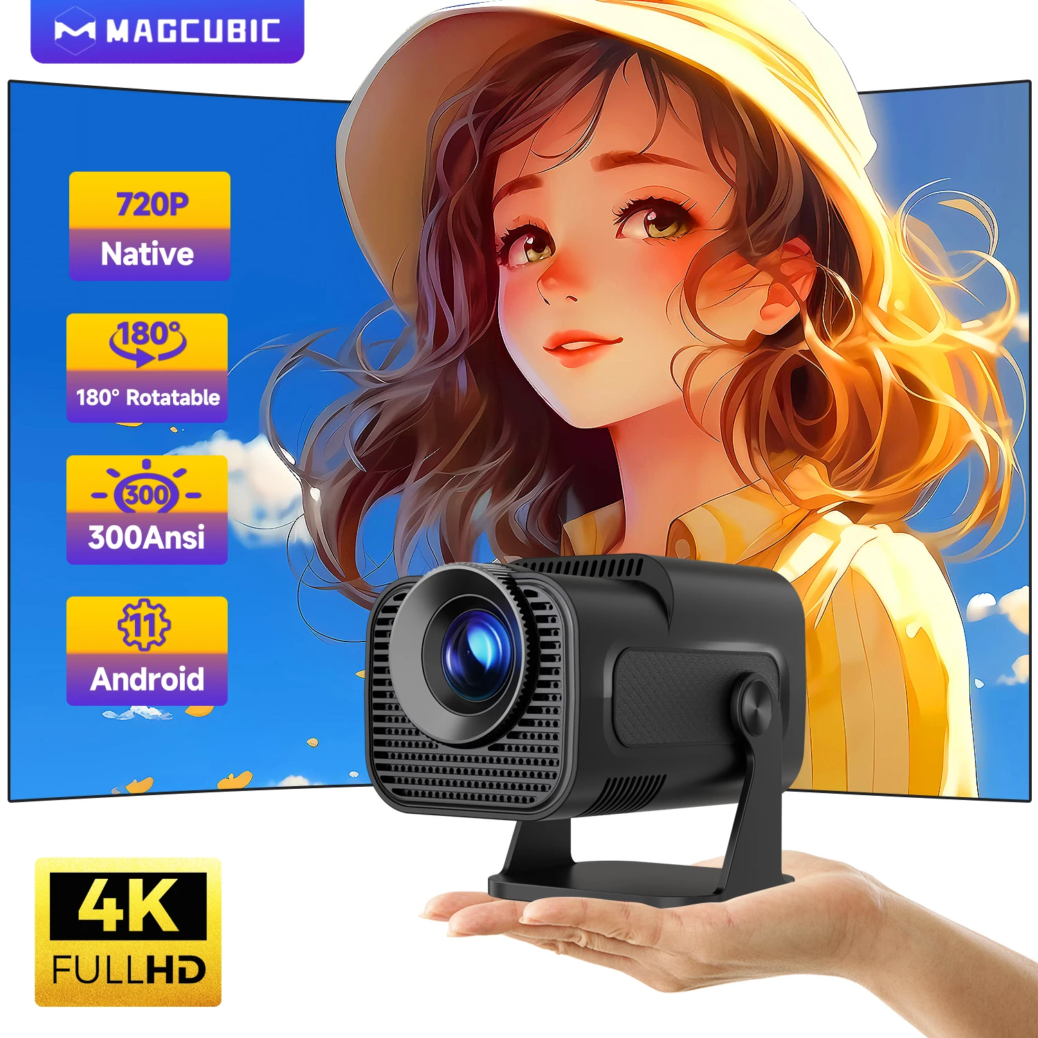 hy320 mini 720p android 11 projector / 4k support, 300 ansi lumen, wi‑fi 6 & bt5.0, portable outdoor cinema with 180° rotatable lens