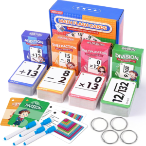 multi math flash cards, addition, subtraction, multiplication & division, write & wipe with markers, self checking flashcards for kids grades 1 5 & homeschool