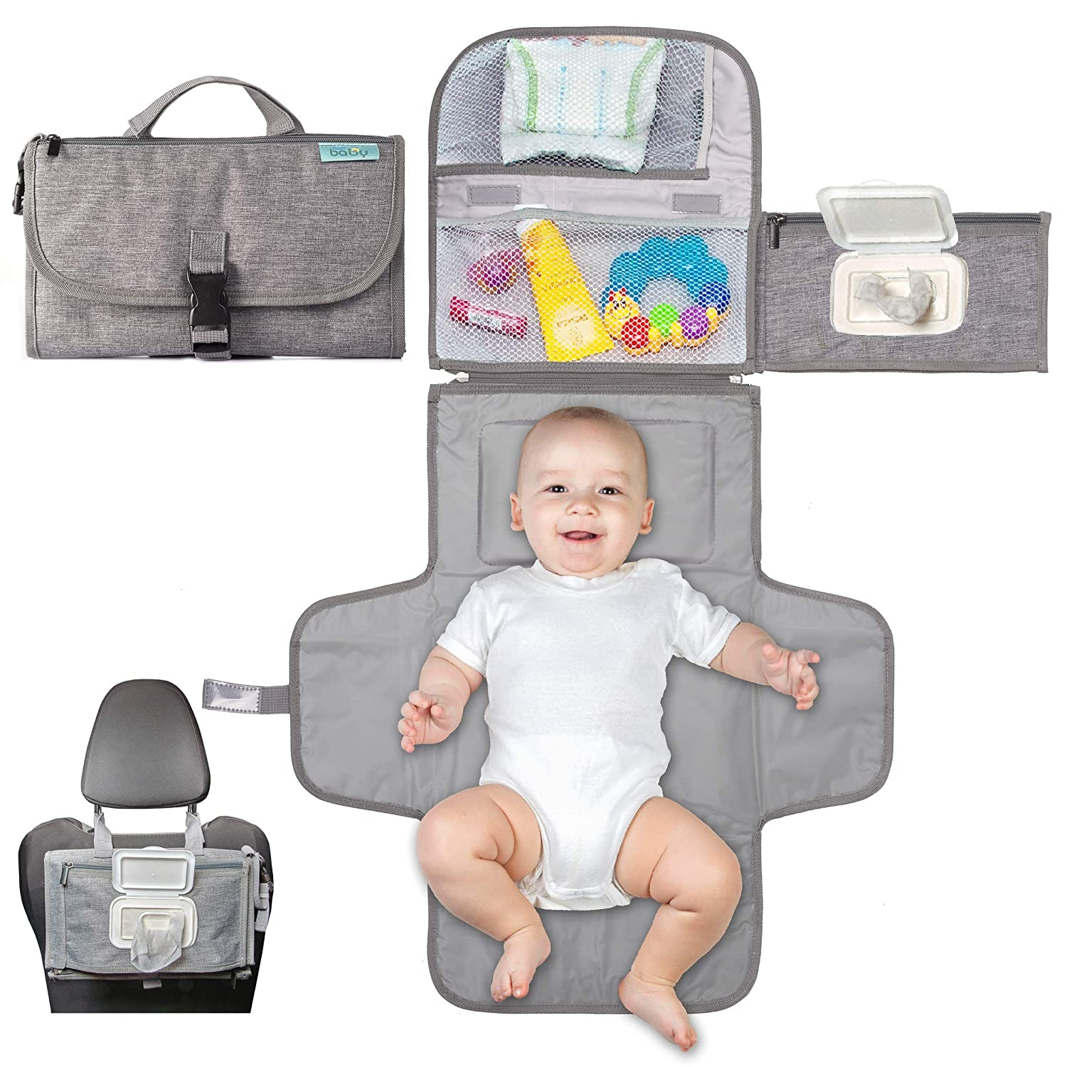 portable diaper changing pad baby diaper changer travel bag with wipes pocket, smart design portable changing mat, infant travel station kit, grey, classic