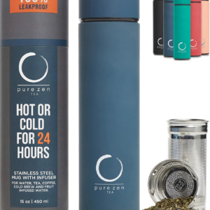 thermos with infuser for hot and cold infusions stainless steel tea infuser bottle leakproof travel mug with filter 15oz blue