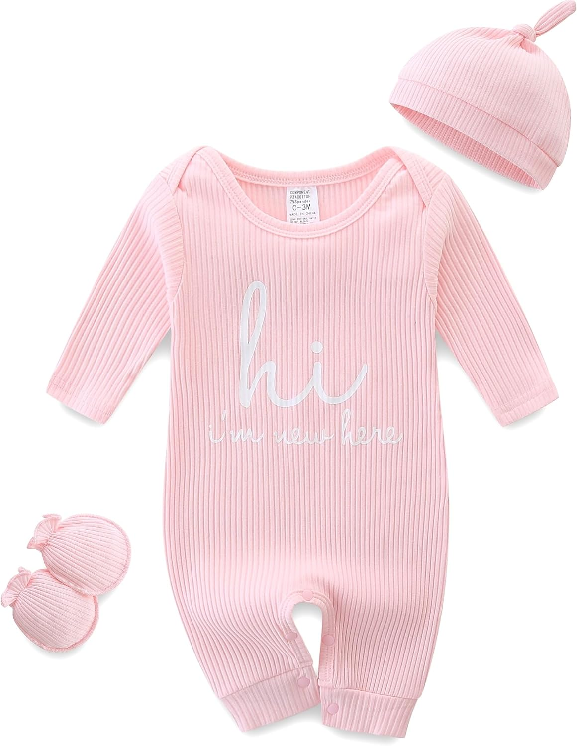 baby romper with baby mittens & newborn hats footless long sleeve solid onesie hi im new here baby romper with baby mittens & newborn hats footless long sleeve solid onesie hi im new here