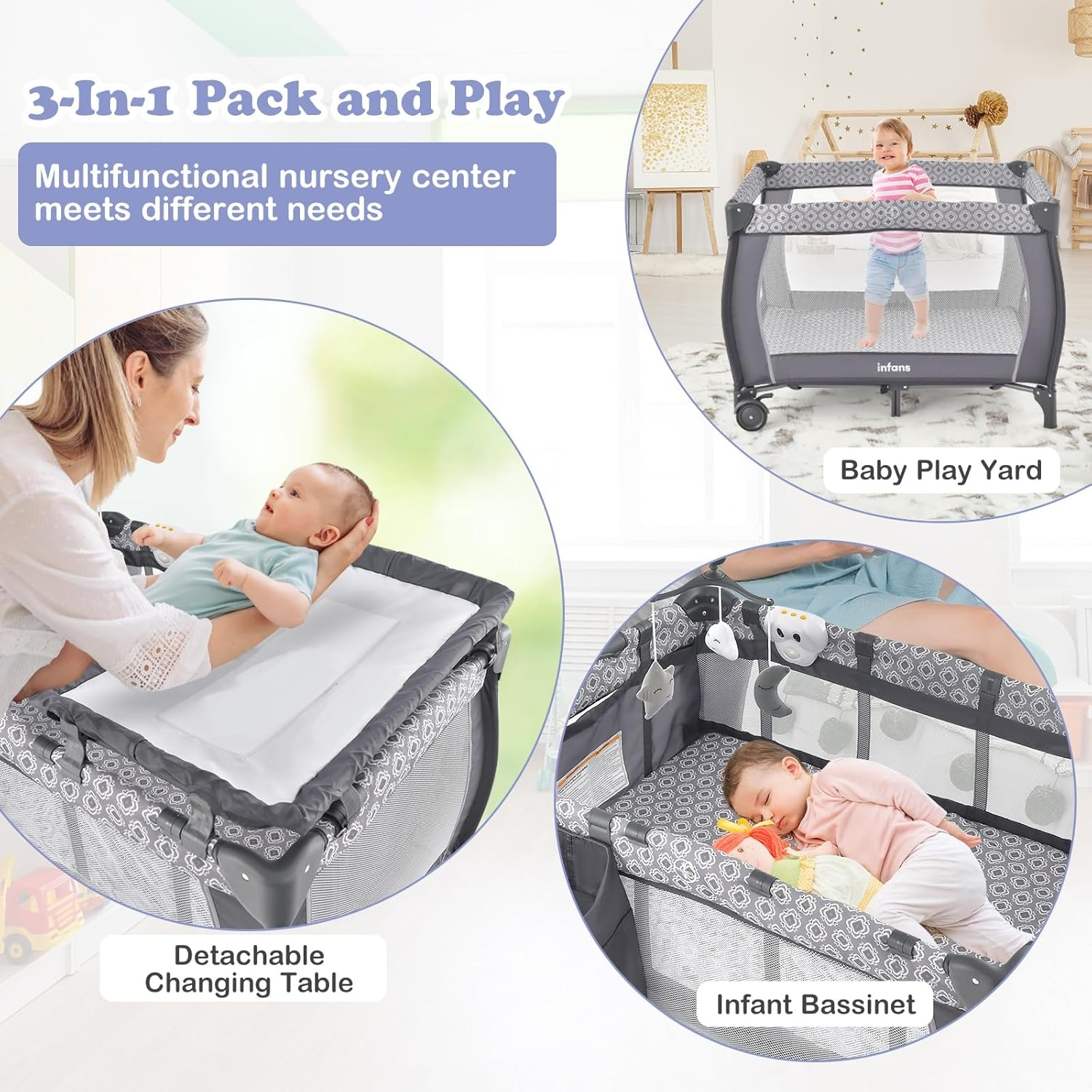 3 in 1 pack and play, portable travel baby crib bassinet with detachable mattress, newborn changing table, foldable playpen with carry bag and 2 wheels (classic) 3 in 1 pack and play, portable travel baby crib bassinet with detachable mattress, newborn changing table, foldable playpen with carry bag and 2 wheels (classic)