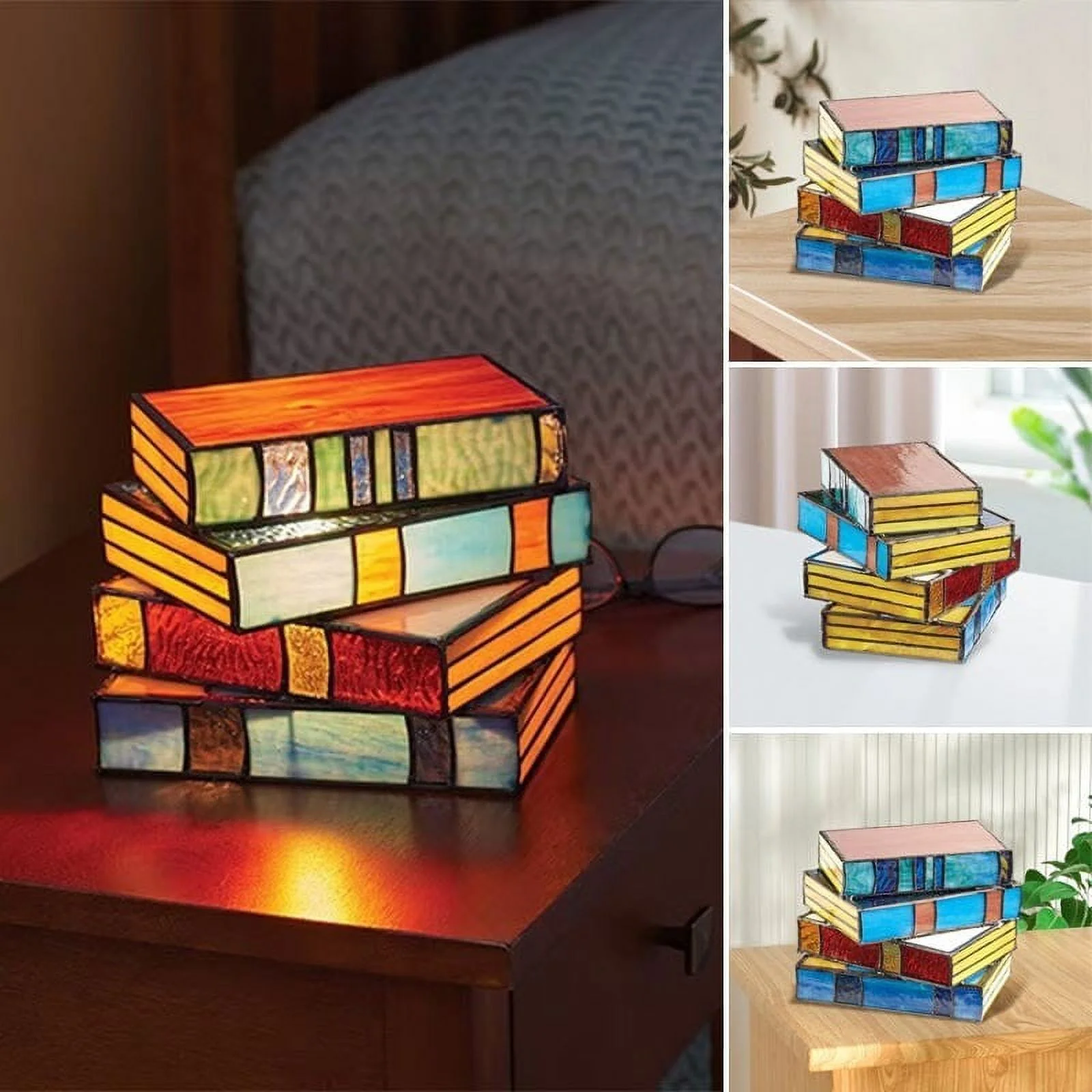 Shubal Store Handcrafted Tiffany-Style Stacked Books Glass Lamp for Nightstands and Desks