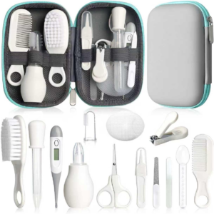 baby grooming kit, infant safety care set with hair brush, comb ,nail clipper, nasal aspirator,baby essentials kit for newborn (grey white)