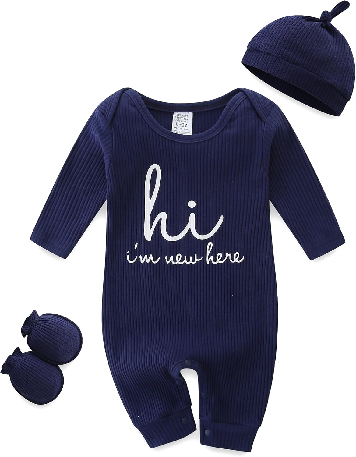 baby romper with baby mittens & newborn hats footless long sleeve solid onesie hi im new here baby romper with baby mittens & newborn hats footless long sleeve solid onesie hi im new here