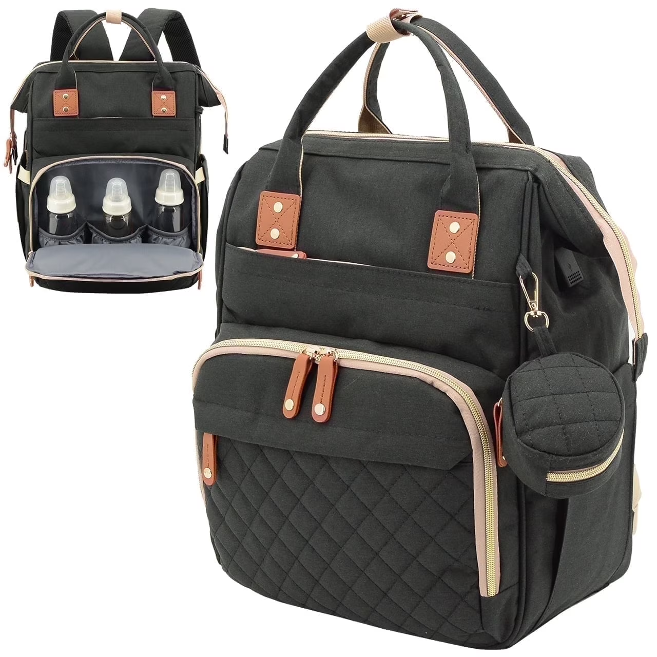 diaper bag backpack, baby bag with insulated bottle pockets, unisex, black