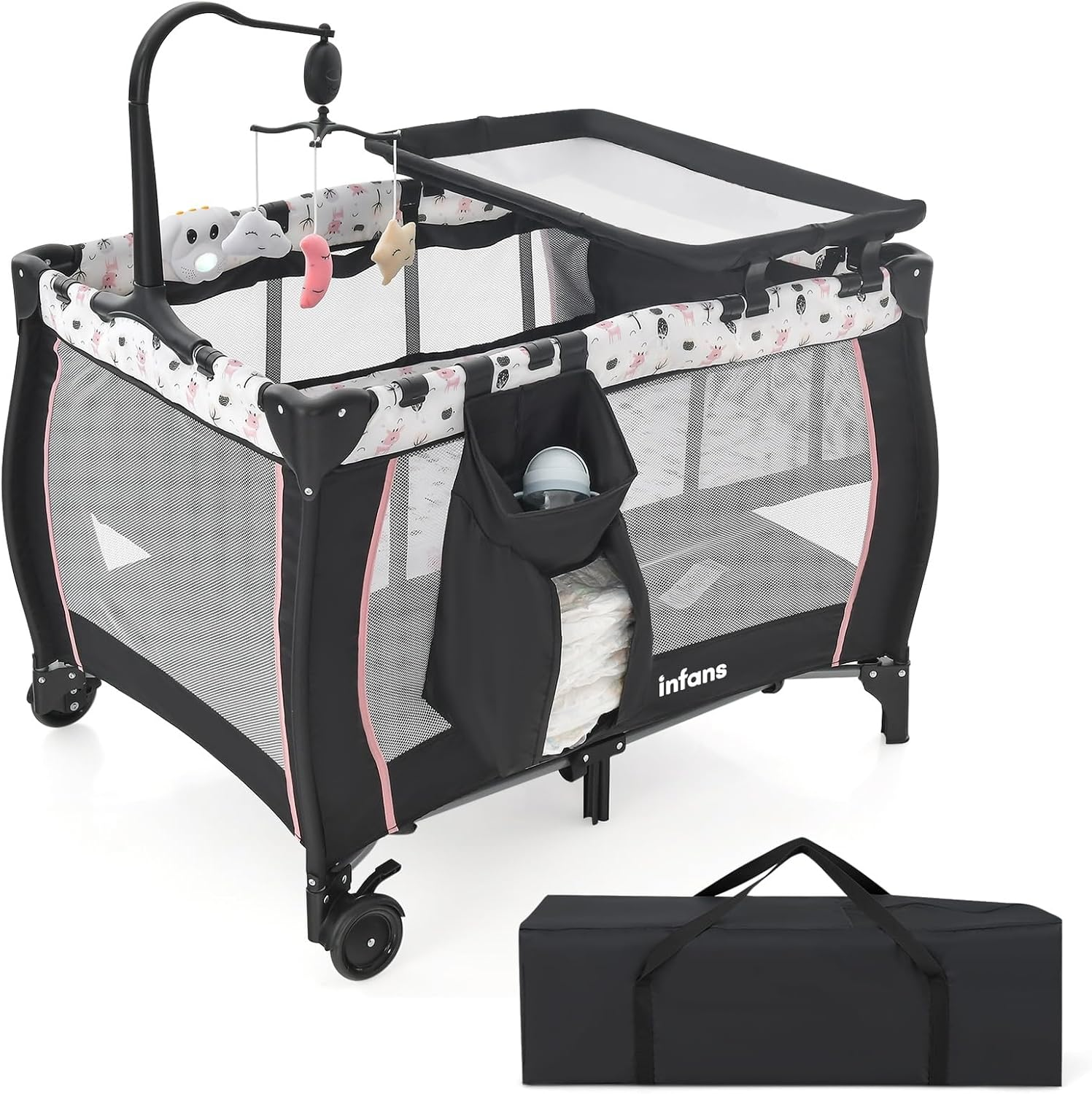 3 in 1 pack and play, portable travel baby crib bassinet with detachable mattress, newborn changing table, foldable playpen with carry bag and 2 wheels (classic) 3 in 1 pack and play, portable travel baby crib bassinet with detachable mattress, newborn changing table, foldable playpen with carry bag and 2 wheels (classic)