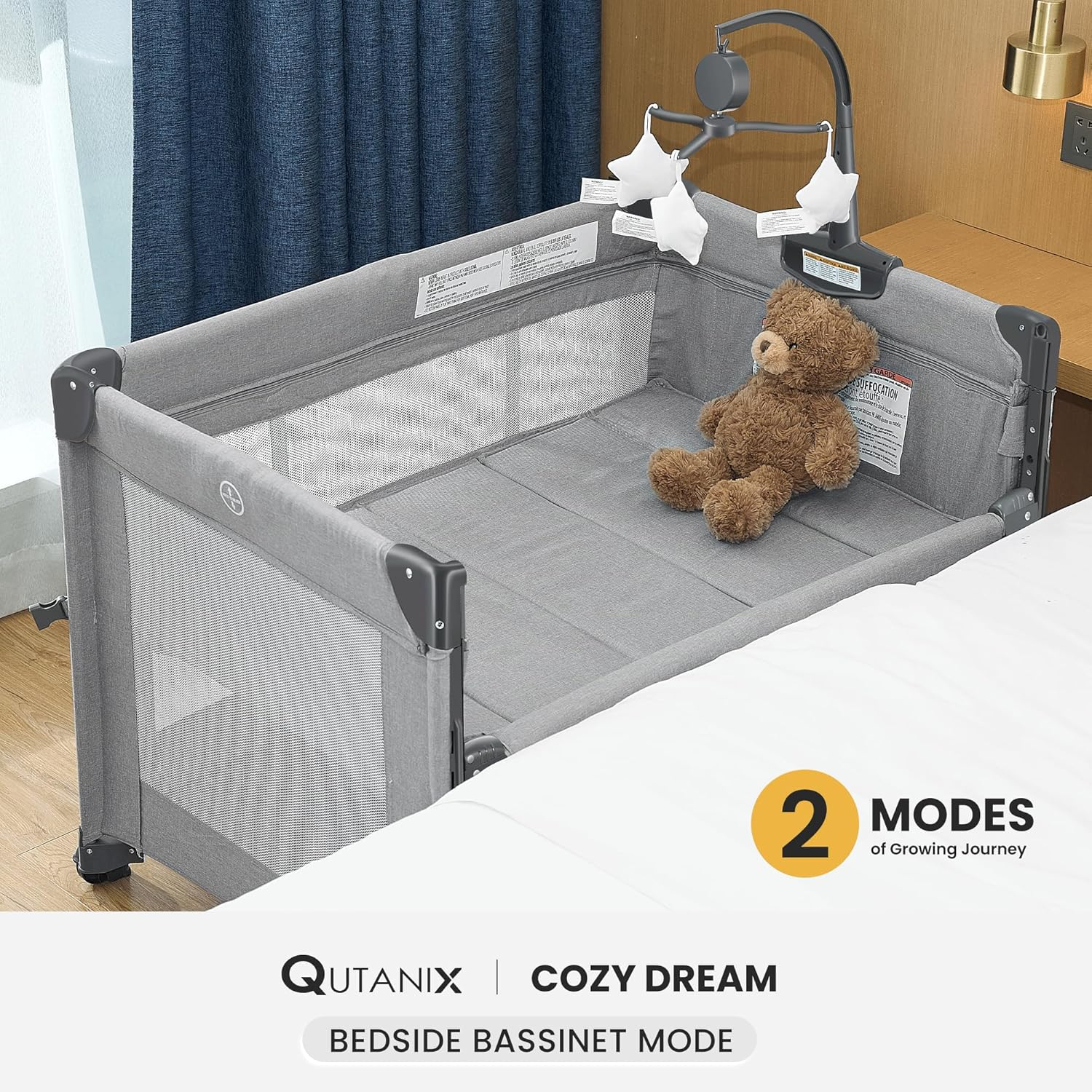 2-In-1 Baby Playard, Pack and Play Bassinet, Easy Folding Portable Crib with Music Mobile for Newborn to Toddlers (Grey)