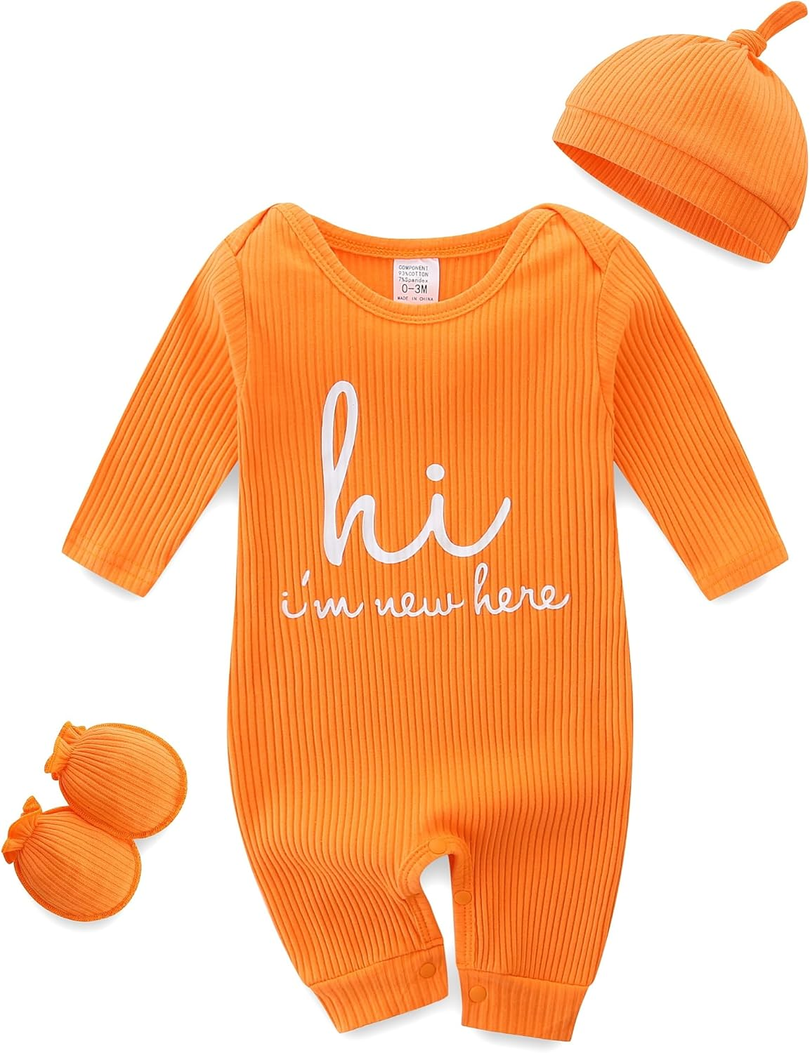 baby romper with baby mittens & newborn hats footless long sleeve solid onesie hi im new here baby romper with baby mittens & newborn hats footless long sleeve solid onesie hi im new here
