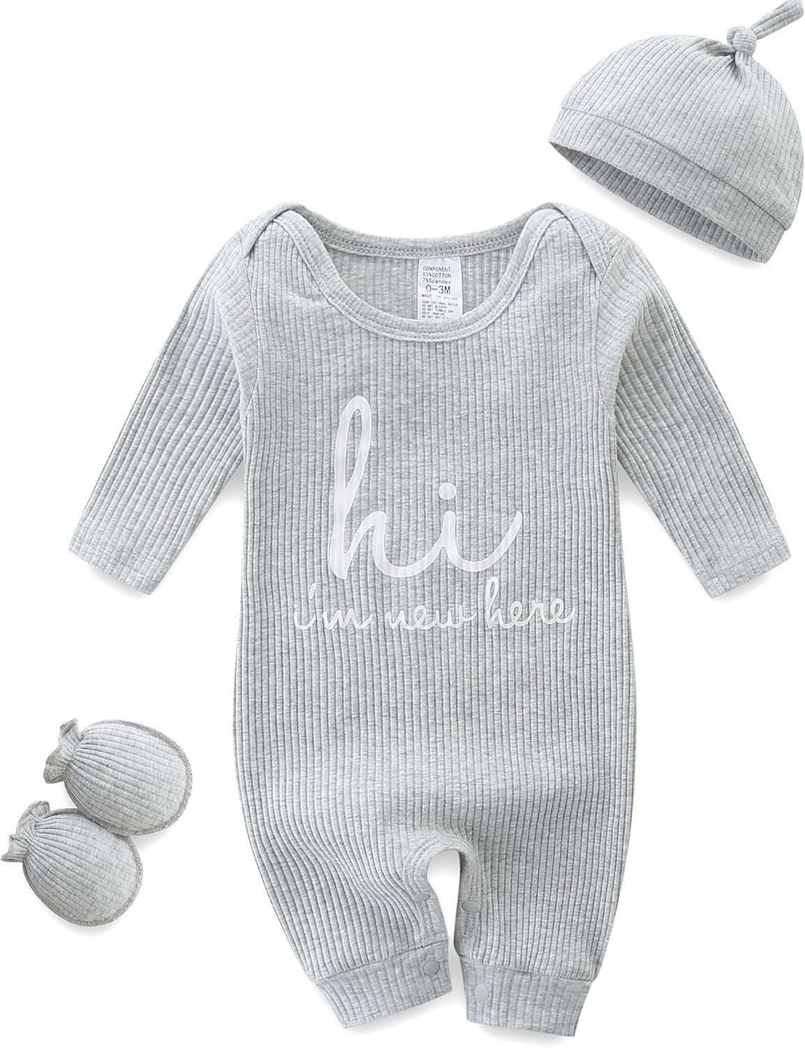 baby romper with baby mittens & newborn hats footless long sleeve solid onesie hi im new here baby romper with baby mittens & newborn hats footless long sleeve solid onesie hi im new here