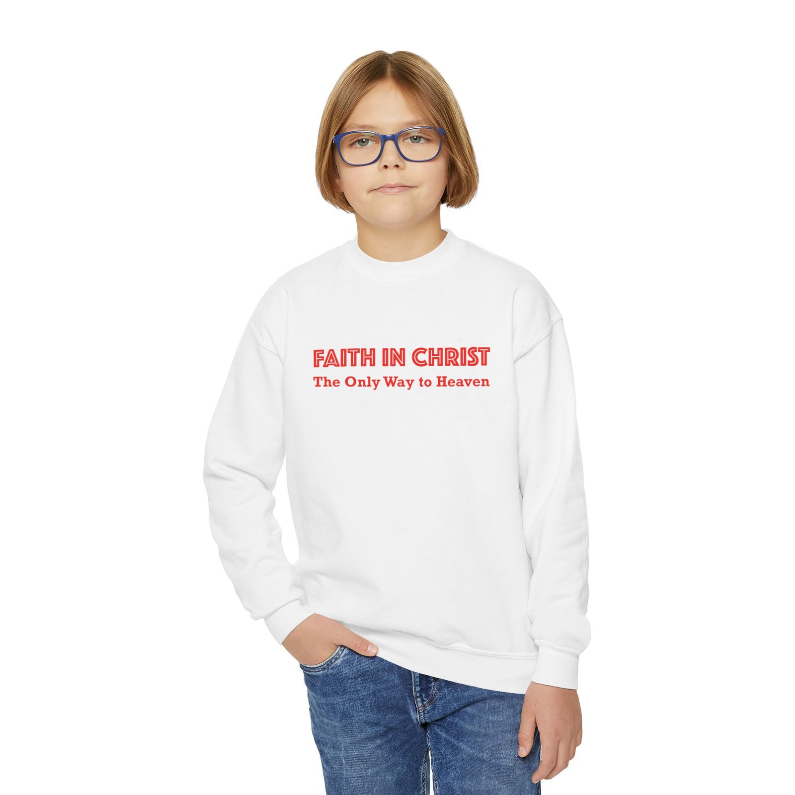 faith in christ youth crewneck sweatshirt — "the only way to heaven" christian pullover faith in christ youth crewneck sweatshirt — "the only way to heaven" christian pullover