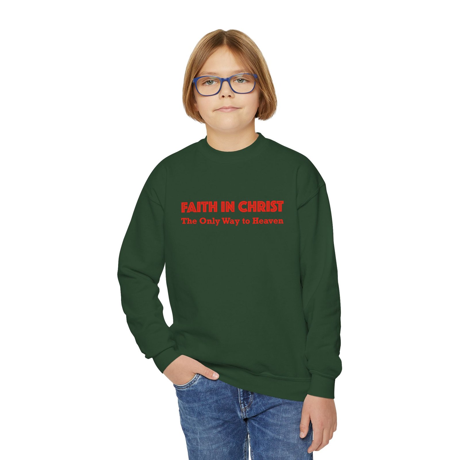 faith in christ youth crewneck sweatshirt — "the only way to heaven" christian pullover faith in christ youth crewneck sweatshirt — "the only way to heaven" christian pullover