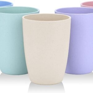 wheat straw unbreakable cup (12 oz) reusable drinking glasses set of 5 dishwasher safe tumbler bpa free & eco friendly (5pcs)