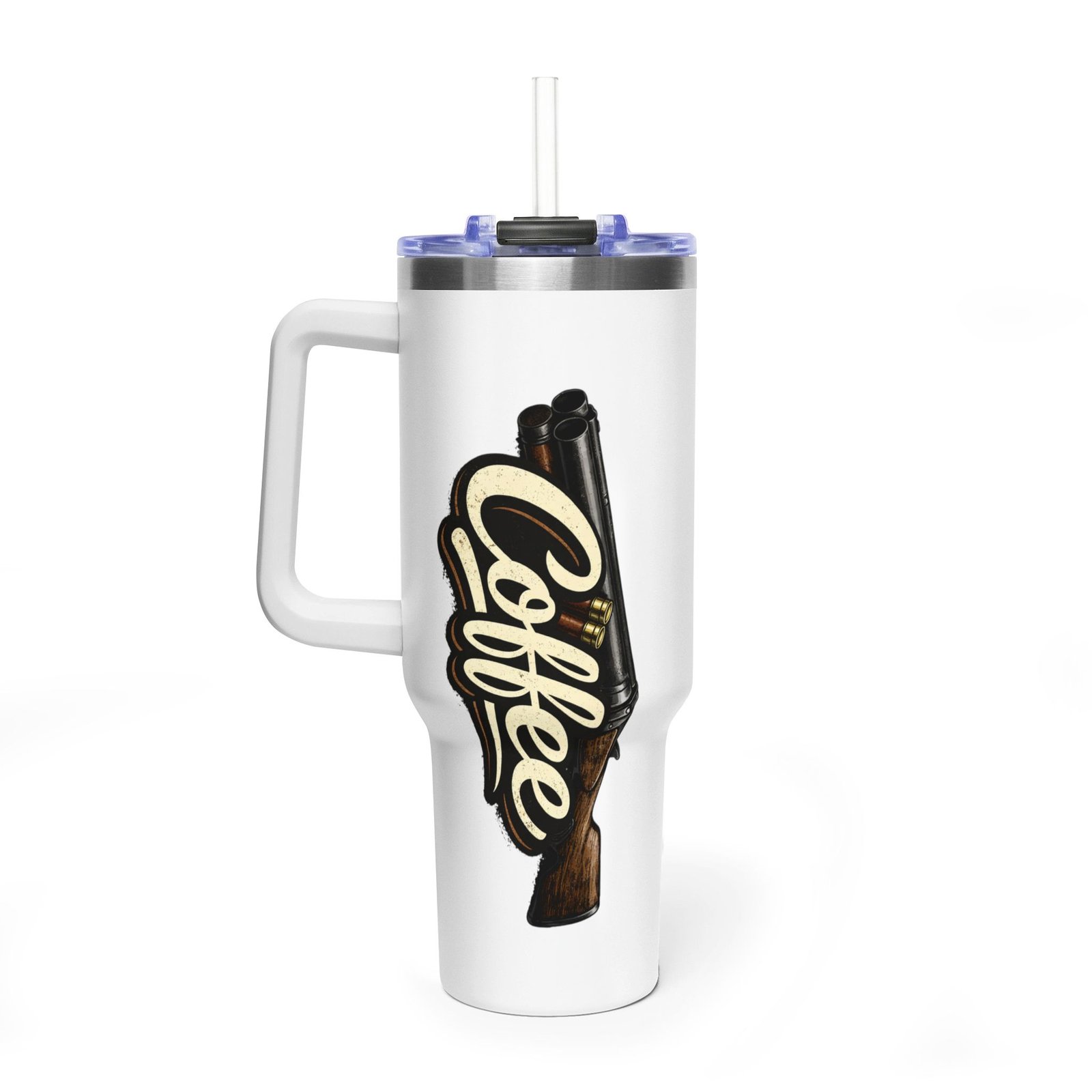 40oz coffee tumbler insulated vacuum travel mug with handle (coffee script shotgun)