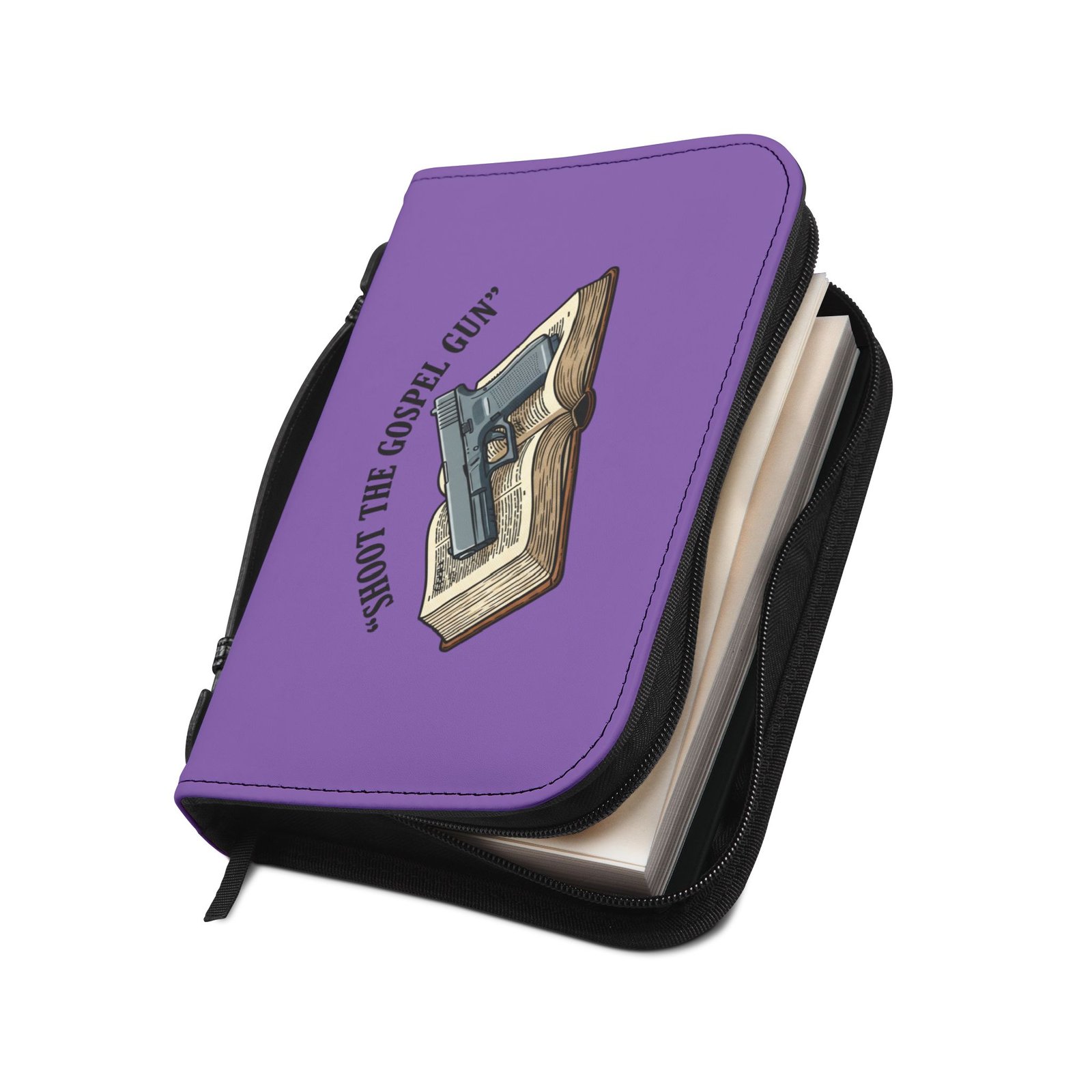bible cover — 'shoot the gospel gun' illustrated bible case (purple) bible cover — 'shoot the gospel gun' illustrated bible case (purple)